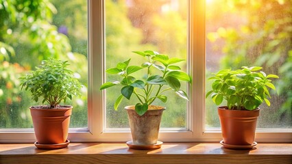 Fototapeta premium Sunlight streams through the window, illuminating a trio of potted plants, their vibrant green leaves reaching for the warmth, creating a serene and tranquil atmosphere.