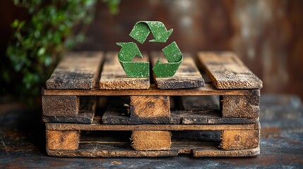 stack of wooden planks or pallets each prominently featuring green recycle symbol indicating an eco friendly approach to materials.stock image