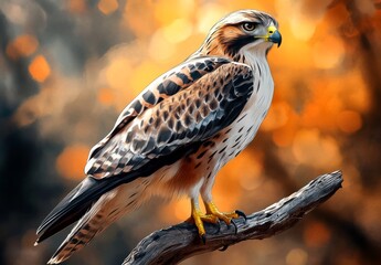 Fototapeta premium Digital illustration bird prey specifically hawk perched branch A red tailed