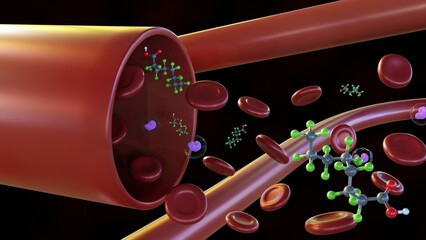 3d rendering of Perfluorooctanoic acid (PFOA) molecules,  that nearly everyone has detectable levels in their blood. Human exposure to PFOA is a significant public health concern