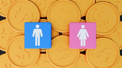 3d rendering of  two cubes, one blue with a male symbol and one pink with a female symbol, standing on stacks of gold coins.