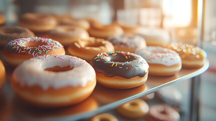 A tempting display of assorted donuts with various toppings in a warm, inviting light.
