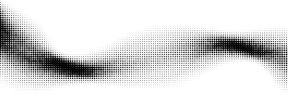 Comic halftone wave background. Dotted curved flow wallpaper. Abstract fluid backdrop texture. Black grit pop art swoosh element for poster, banner, overlay, card, brochure, flyer, leaflet. Vector