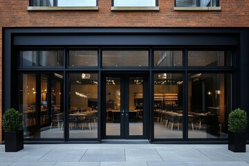 Exterior modern building large glass windows doors appears The has black