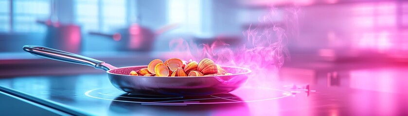 A vibrant skillet with sizzling ingredients on a modern kitchen stove, emitting colorful steam in a lively atmosphere.