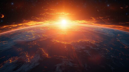 Fototapeta premium stunning view of earth from space during sunset or sunrise showcasing the planets curvature and vibrant atmospheric colors.image