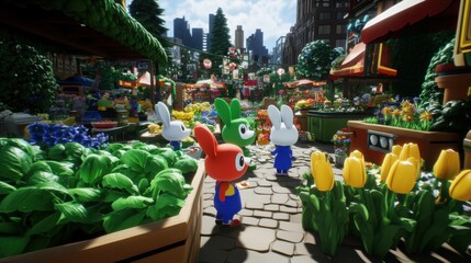 Naklejka premium Vibrant 3D Cartoon Animals in Bustling City Market