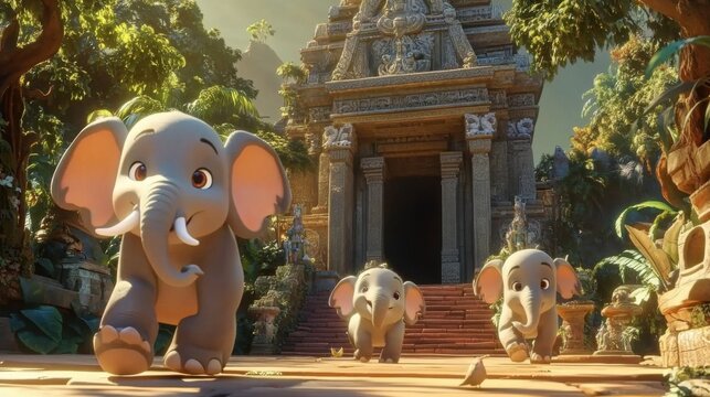 Cartoon Elephants in an Ancient Jungle Setting