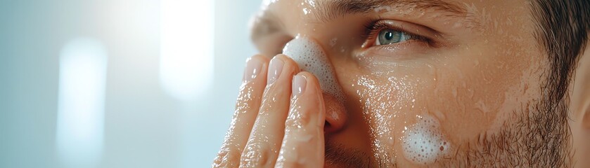 Fototapeta premium Close-up of a man applying skincare cream on his face in a bright, modern bathroom.