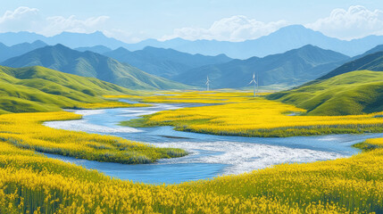 Obraz premium Wind turbines on hillside grasslands