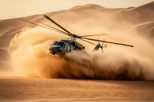 Military helicopter flying over desert landscape is center AMIANTOS, Cyprus JUNE 2