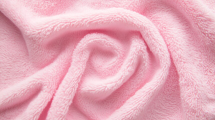 Soft pink fluffy towel fabric texture background, close up view