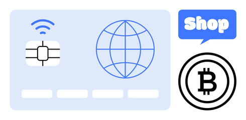 Credit card with chip, wireless symbol, globe, speech bubble with shop text, and Bitcoin symbol. Ideal for online shopping, cryptocurrencies, digital payments, financial technology, e-commerce