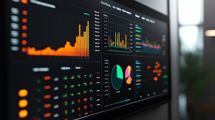 Colorful data visualization on a digital display, showcasing statistics, graphs, and charts in a modern office setting.