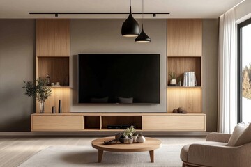 Modern living room large flat-screen TV mounted wall cabinet in contemporary