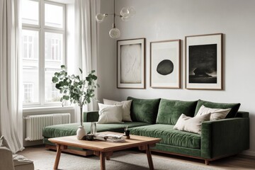 Modern living room large window left side has a mockup