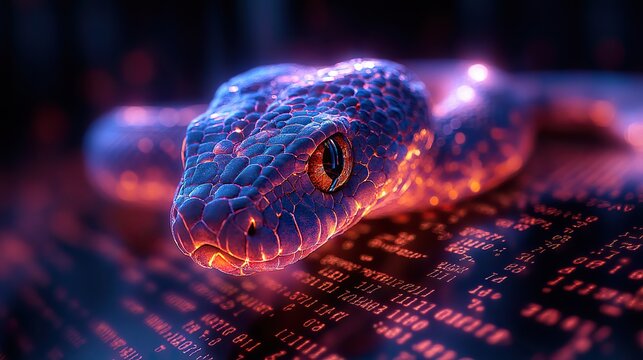 template design of python programming concept with snake and code snippets