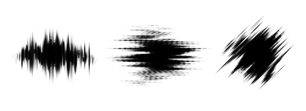 Glitch halftone line element set. Dotted texture geometric form collection. Grunge abstract comic pop art shapes for banner, poster, collage, overlay, label, tag. Distressed distorted vector bundle