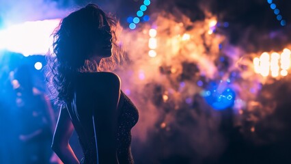 Naklejka premium Attraktive Frau tanzt ausgelassen in der Disco. Dynamisches Nachtleben-Porträt mit bunten Lichtern. Party, Clubbing und Unterhaltung. Lifestyle und Freude