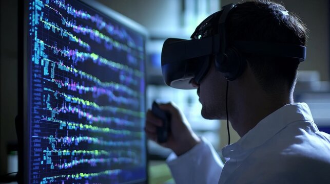 Genomic VR Interface : A researcher using virtual reality to manipulate DNA sequences