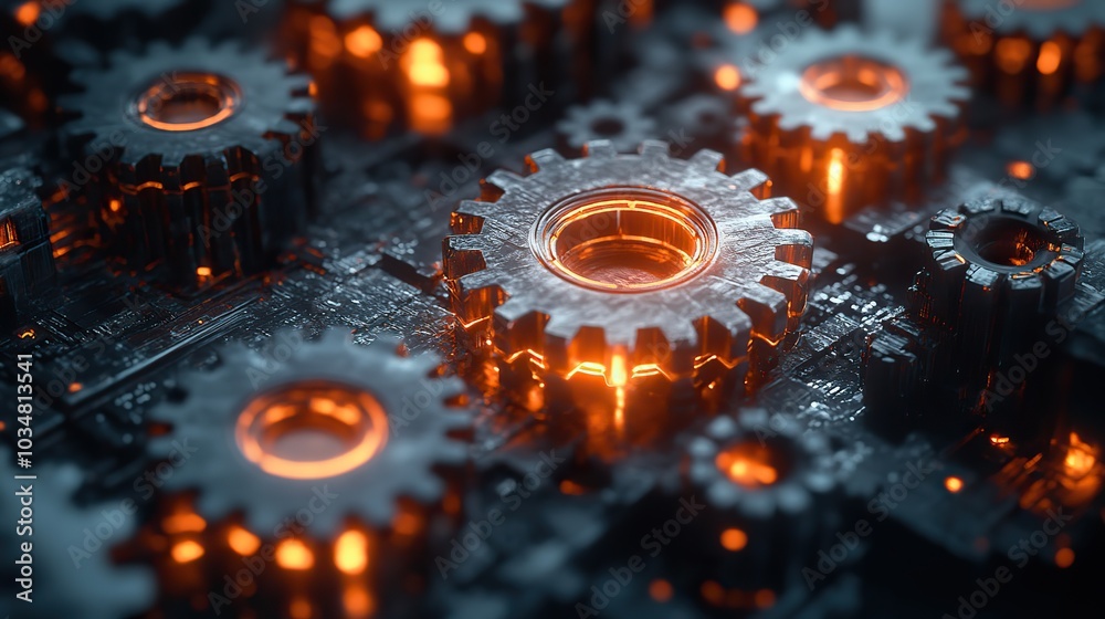 Poster the rust programming language concept featuring dark rusty interlocking gears illuminated by vibrant