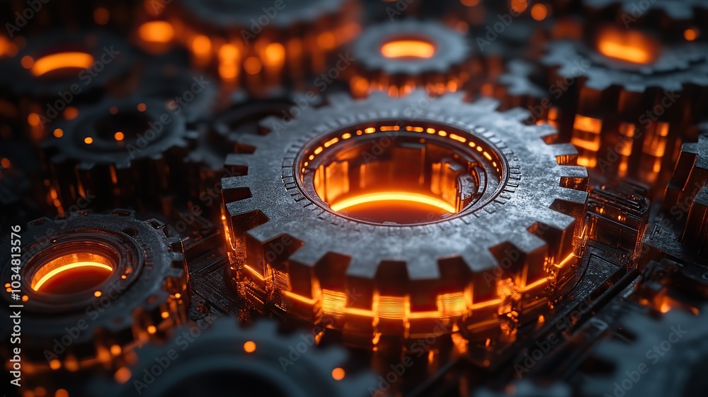 Poster the rust programming language concept featuring dark rusty interlocking gears illuminated by vibrant