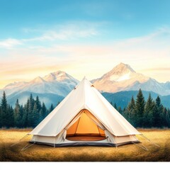 A serene camping scene featuring a tent in a picturesque landscape with mountains and trees under a vibrant sky.