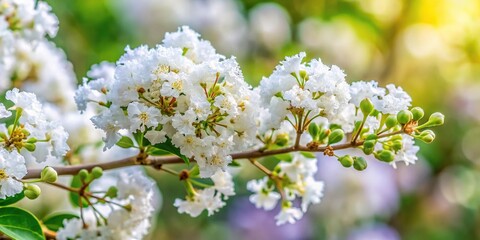 Obraz premium Depth of field image showcasing the white flowers of Lagerstroemia indica, also known as the crape myrtle or crepe myrtle