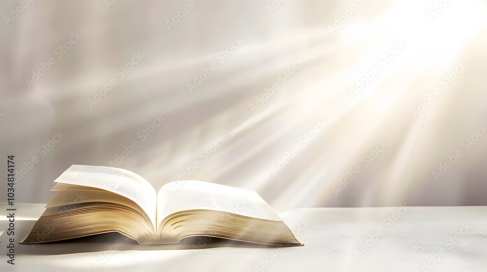 Wall mural a book is open on the table, with a white, blurred background and soft light. the pages of the book 