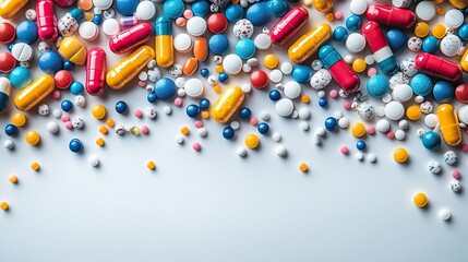 top down view of colorful pharmaceutical capsules scattered on white background with ample copy space for banner text ideal for medical and healthcare related content.image