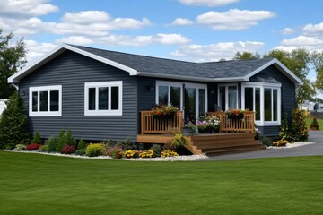 Single-story house gray exterior white trim has small A lovely sky serves