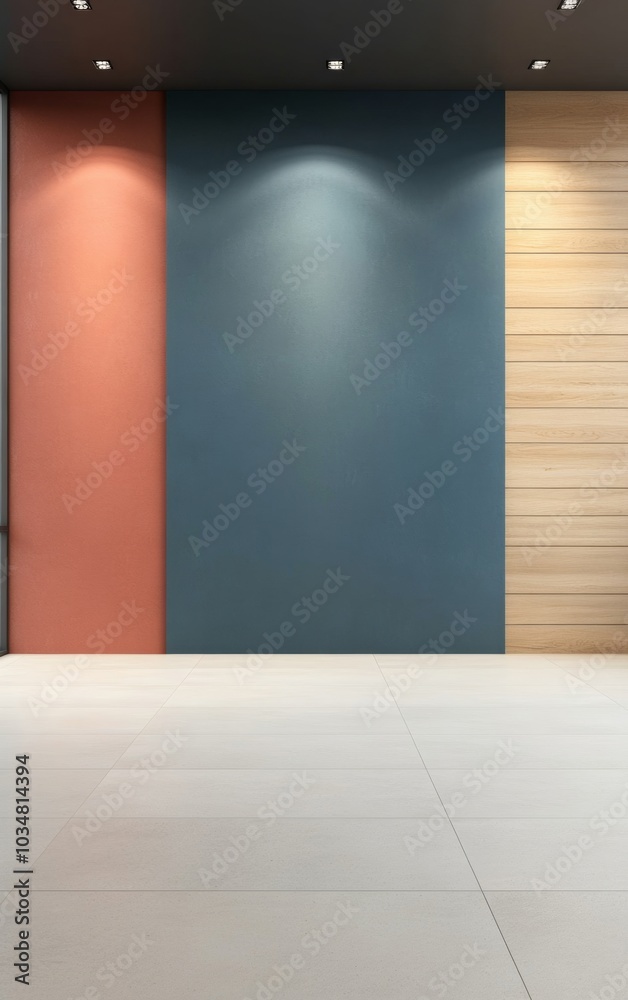 Poster modern interior with festive abstract patterned walls and ample copy space, contemporary design