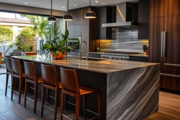 Fototapeta premium This modern kitchen large island center has marble New luxury home boasts