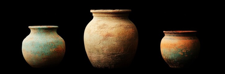 Three ancient pottery jars different sizes shapes left clay vase located