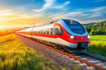 Naklejka premium High-Speed Train Crossing Serene Grassland at Sunset with Copy Space