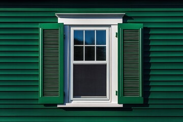 Fototapeta premium Window side green house has white frame trim a double hung