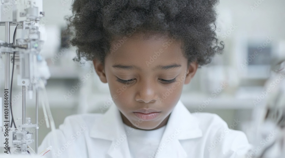 Poster Young Boy in Lab Coat Building Robot in Bright Robotics Laboratory