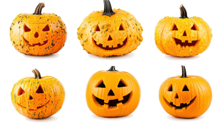 Halloween Pumpkins With Different Carved Faces on Clear Background Generative AI