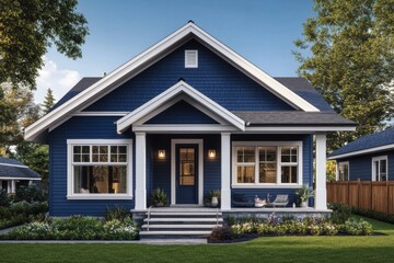 3D rendering single-story house blue exterior white trim The image exhibits