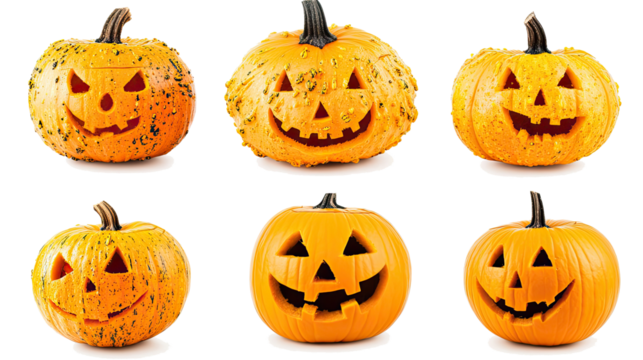 Halloween Pumpkins With Different Carved Faces on Clear Background Generative AI