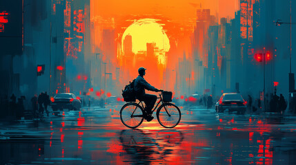 Urban Cyclist at Sunset in Vibrant City Scene.