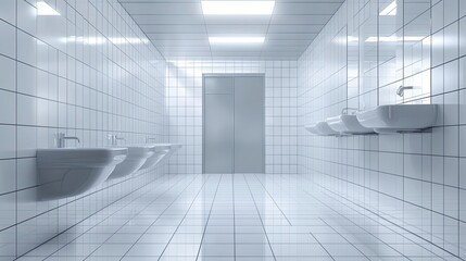 Fototapeta premium A White Tiled Bathroom with Multiple Sinks and a Door at the End of the Hall
