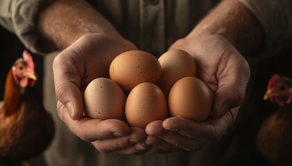 Hands holding fresh, brown eggs with chickens in the background, representing farm-fresh produce and sustainable agriculture.