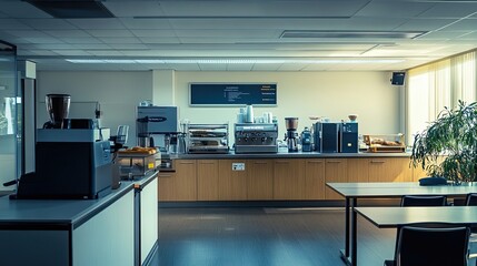 Modern Office Coffee Station with Wooden Cabinets and Tables