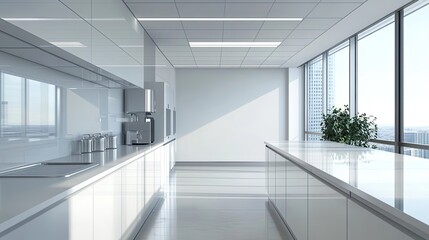 Obraz premium Modern Office Kitchenette with City View