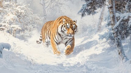 Obraz premium 2410 19.A breathtaking scene of a Siberian tiger walking through freshly fallen snow, the soft crunch of ice audible as its massive paws leave tracks behind. The surrounding trees, heavy with snow,