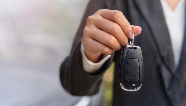 Handing Over the Keys: A close-up shot of a businesswoman's hand offering car keys, symbolizing a successful transaction, new beginnings, or a sense of freedom.