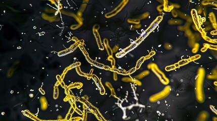 Naklejka premium Ancient microbes under microscope reveal intricate cellular structures, showcasing their mysterious and ancient nature, ideal for scientific and educational content.