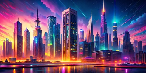 A vibrant cityscape illuminated with colorful lights, reflecting on the water's surface, bathed in the glow of a sunset sky with a spectrum of hues, creating a captivating spectacle of urban life.