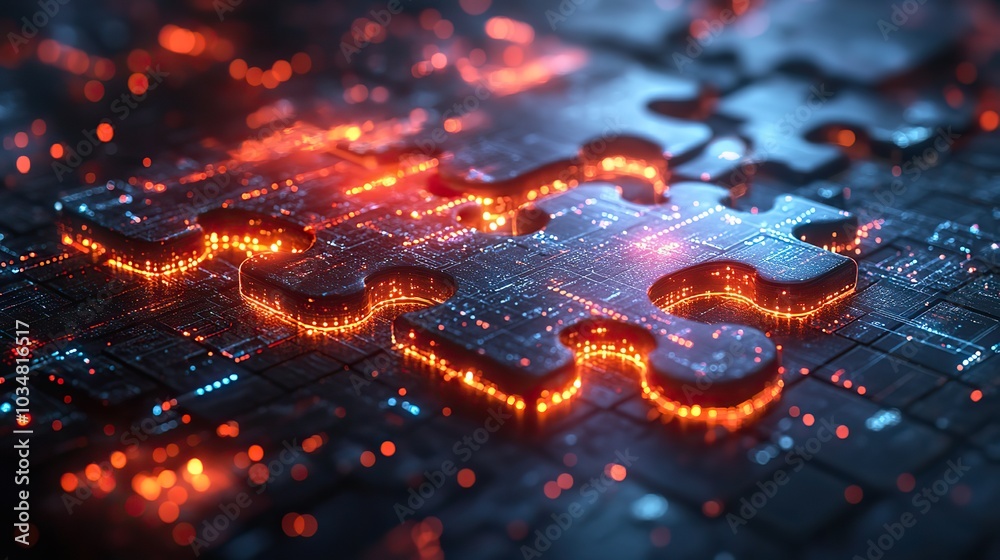 Poster two puzzle pieces on digital background symbolize api integration representing the seamless connecti